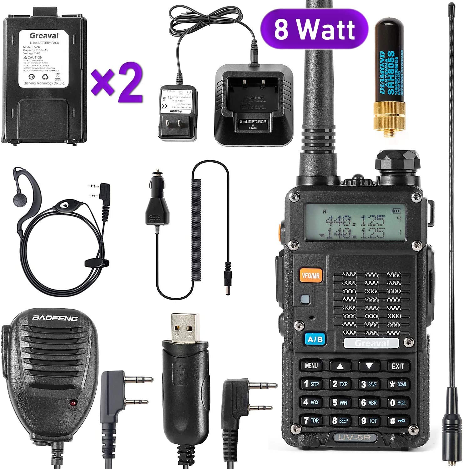  Ham Radio Walkie Talkie (UV-5R 8-Watt) UHF VHF Dual Band 2-Way Radio